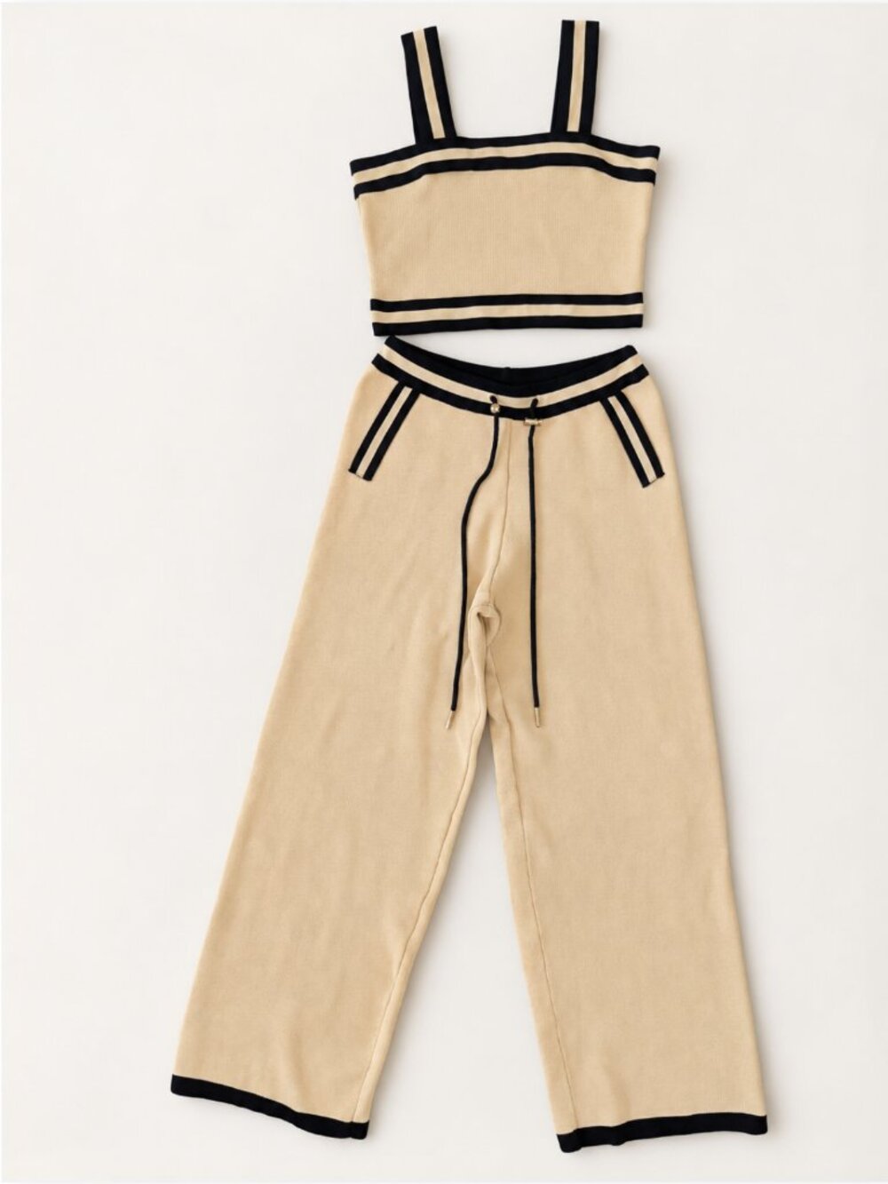 PEGASI Areti Beige Black Knit Crop Top Wide Leg Pants Set S